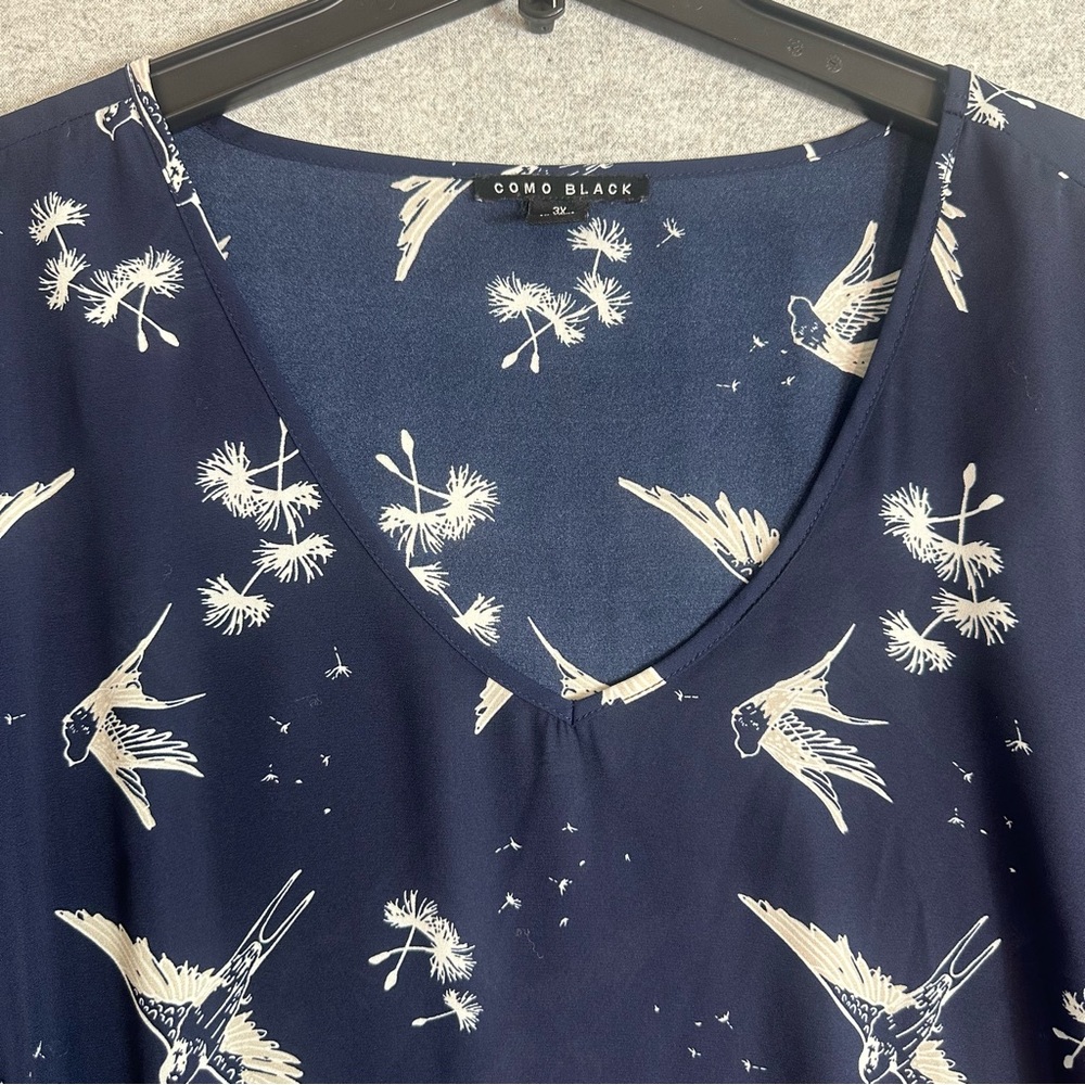 Como Black Hummingbird Blouse Plus 3X Navy White 3/4 Bishop Sleeve Flowy Sheer‎